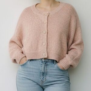 H&M Wool Mohair Blend Cozy Pink Marled Chunky Knit Batwing Cropped Cardigan
